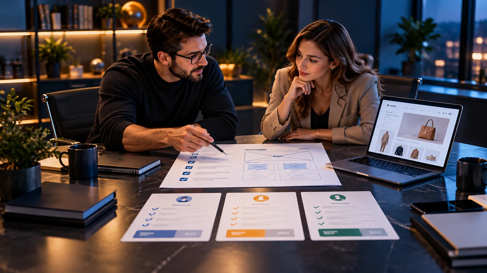 E-commerce merchant and agency professional reviewing a project brief and proposals