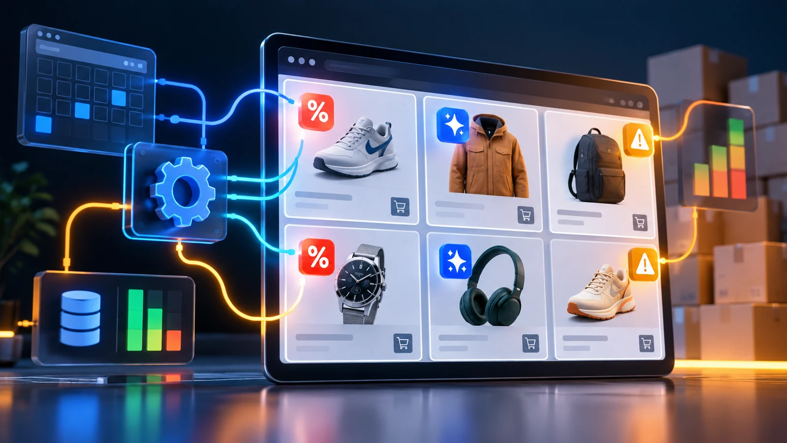Magento product grid with automatic sale, new and low-stock badges