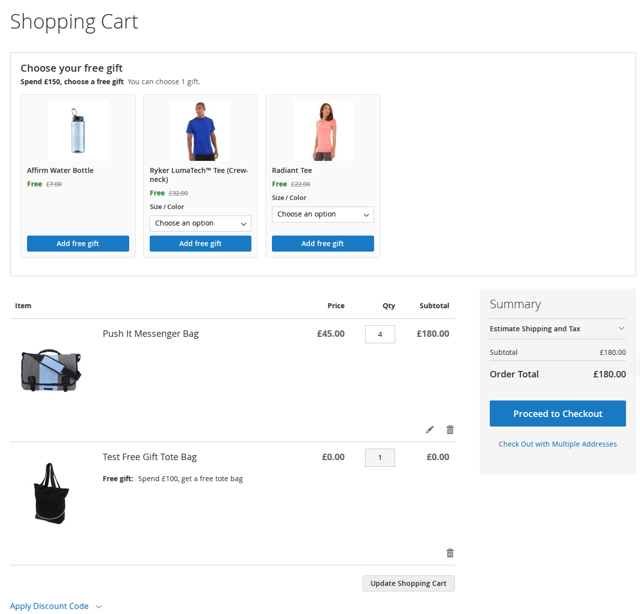 Choosing a free gift on the cart page