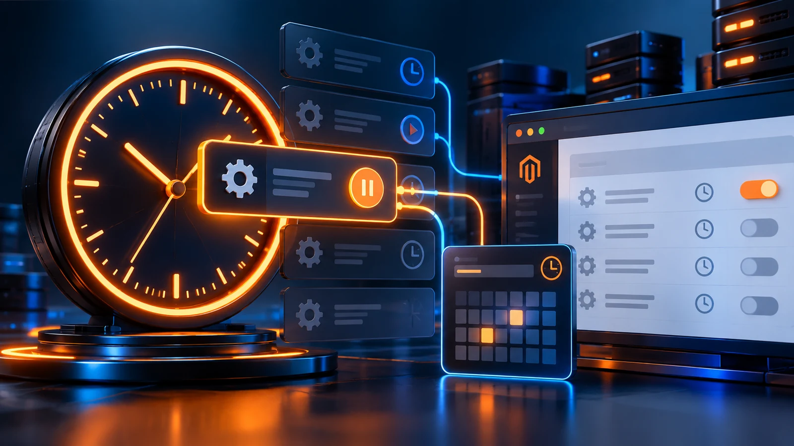 Magento cron schedule controls with timer, pause button and task switches