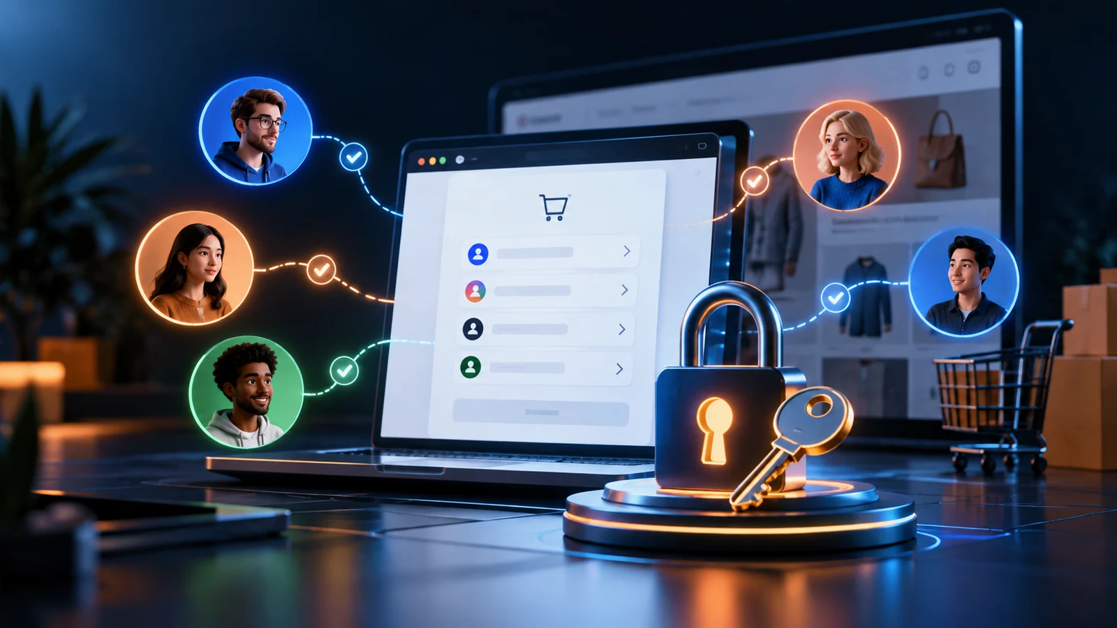 Secure social login interface linked to shopper identities and authentication keys