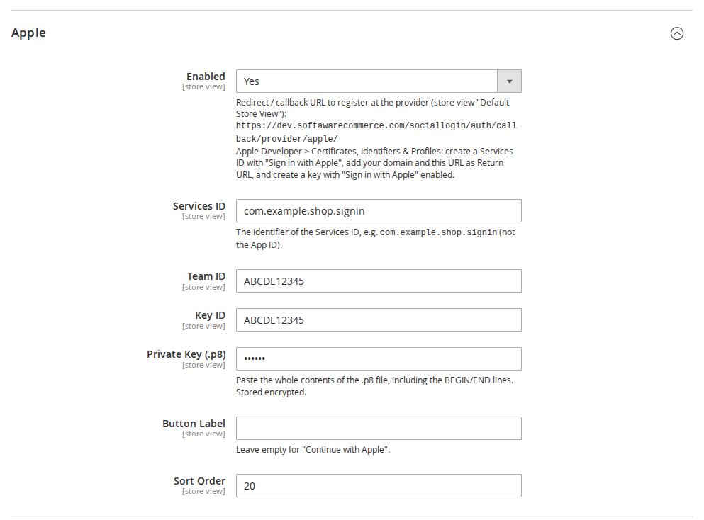 Apple settings in the Magento admin with Services ID, Team ID, Key ID and Private Key fields, and the callback URL under Enabled