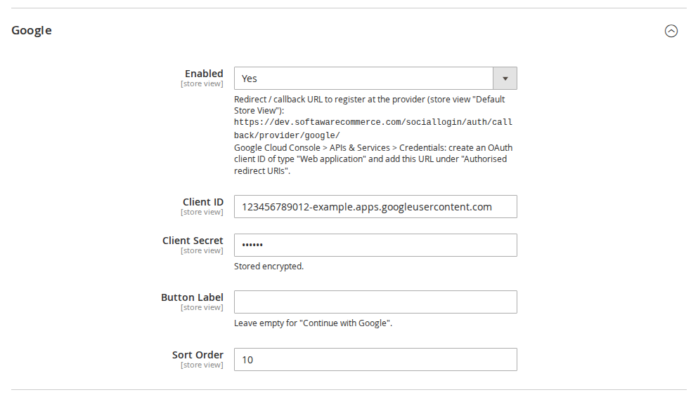 Google settings in the Magento admin, with the callback URL shown under the Enabled field and the Client ID, Client Secret, Button Label and Sort Order fields below