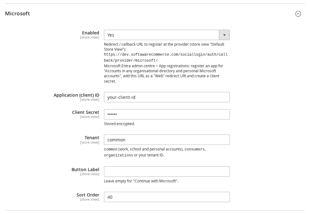 Microsoft settings in the Magento admin with Application (client) ID, Client Secret and Tenant fields