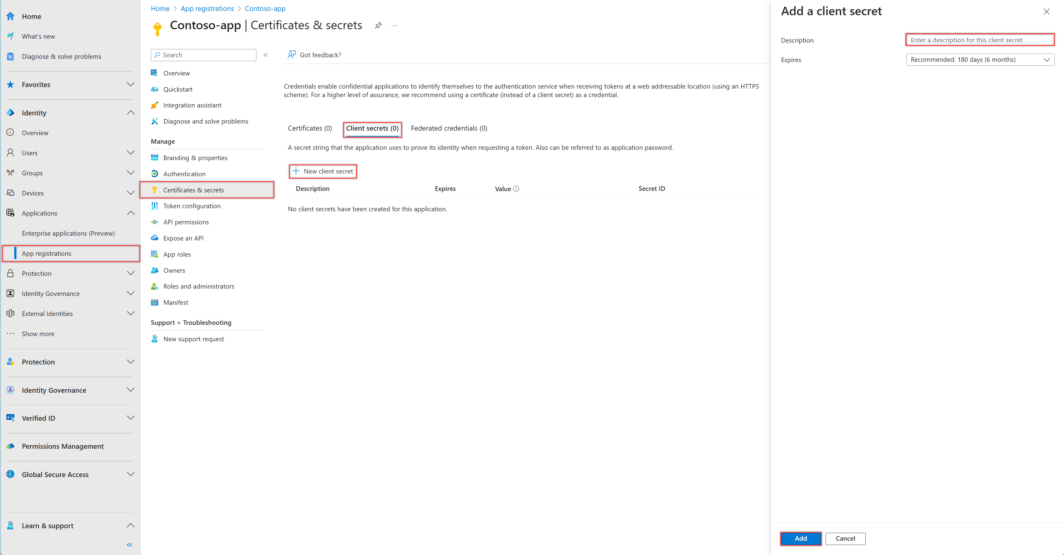 Microsoft Entra admin centre, Certificates and secrets page of an app registration with the Client secrets tab and the Add a client secret panel showing Description and Expires fields