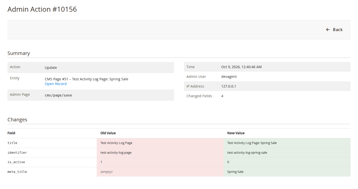 Admin Activity Log entry with the admin user, IP address and the old and new value of each changed field