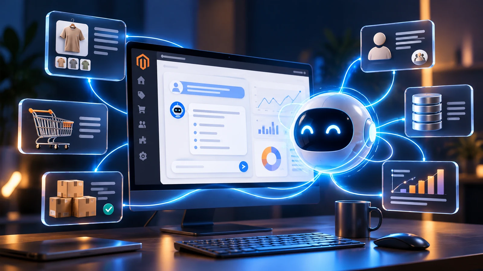 AI assistant connected to Magento orders, products, customers and reporting
