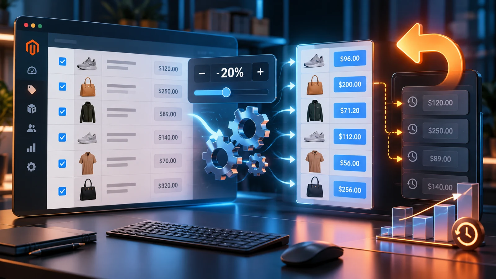 Magento bulk product price adjustment with an undo history