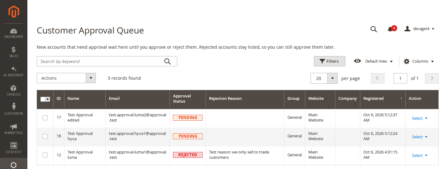 The Approval Queue with pending and rejected accounts