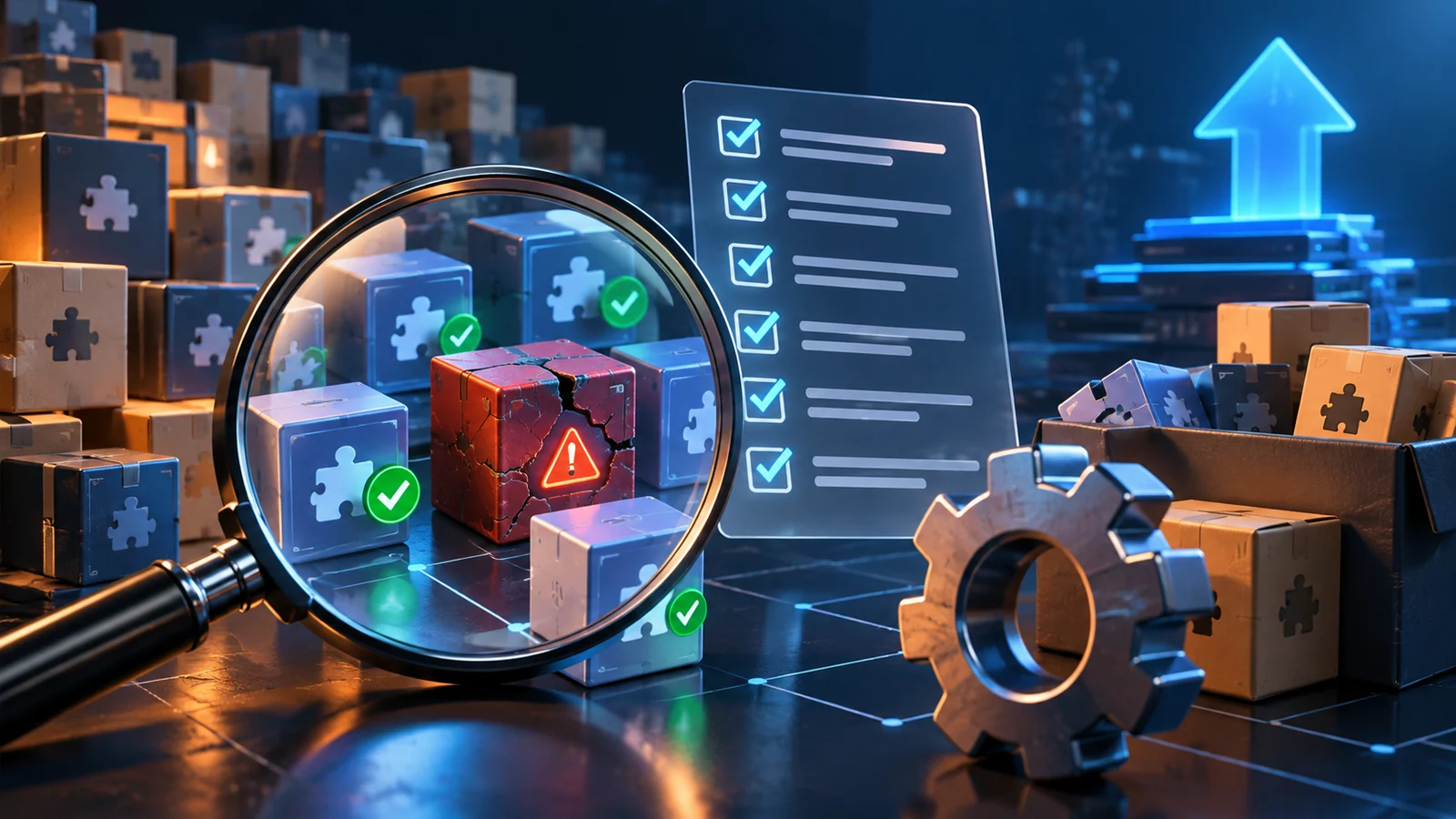 Magnifying glass reviewing Magento extension packages for compatibility and upgrade risks
