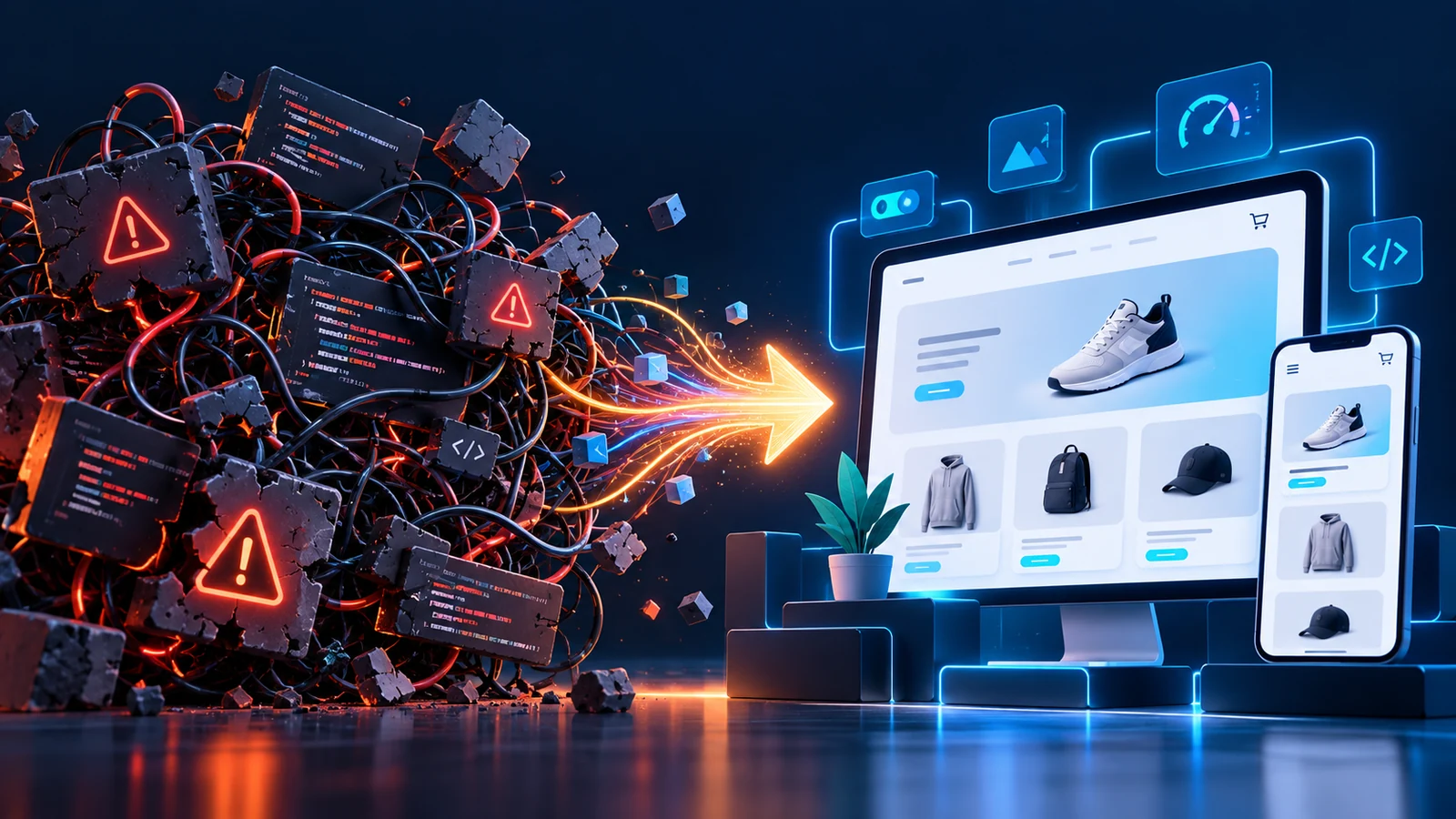 Complex legacy storefront code becoming a cleaner modern storefront