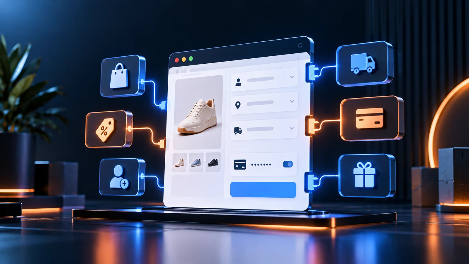 Modular checkout interface connected to payment, delivery and discount features