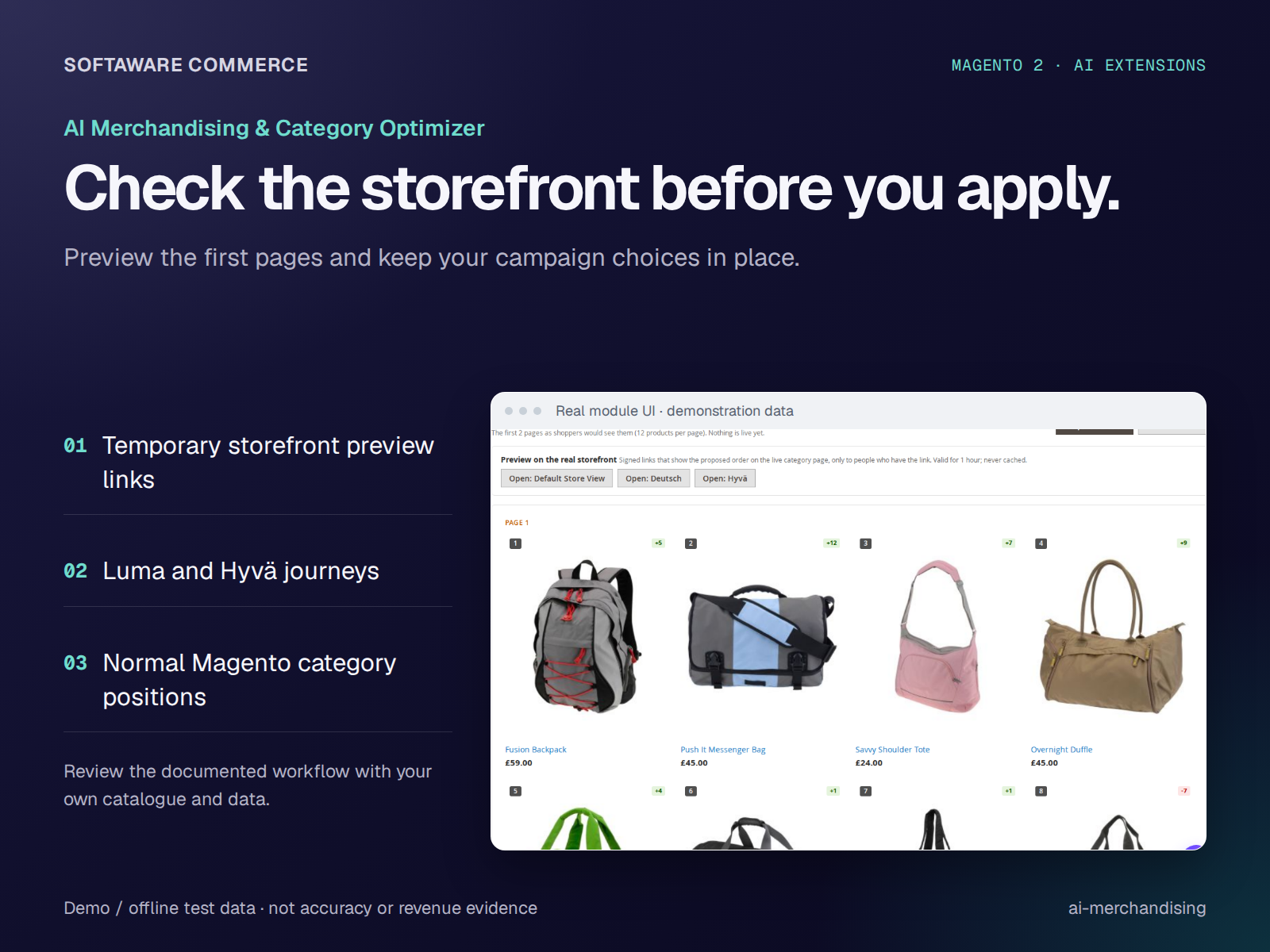 AI Merchandising preview of a proposed category arrangement using demo products