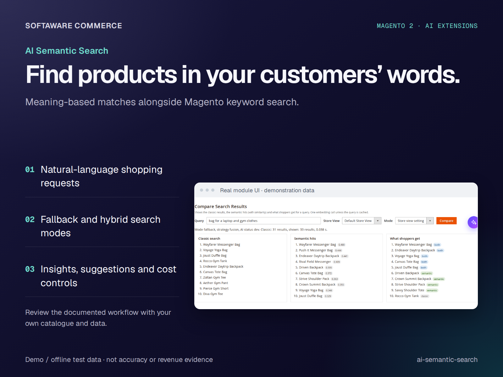 AI Semantic Search overview with real comparison UI using offline demo examples
