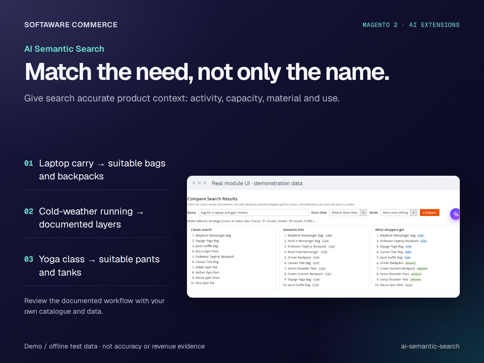 Examples of natural-language shopping intent with semantic search comparison controls