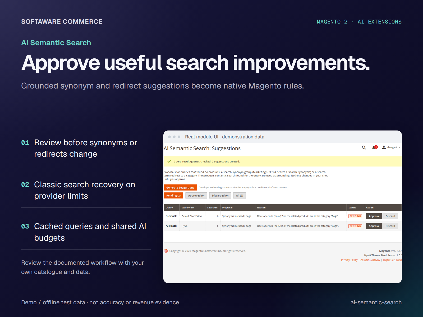 AI Semantic Search suggestion review and approval screen using demo records