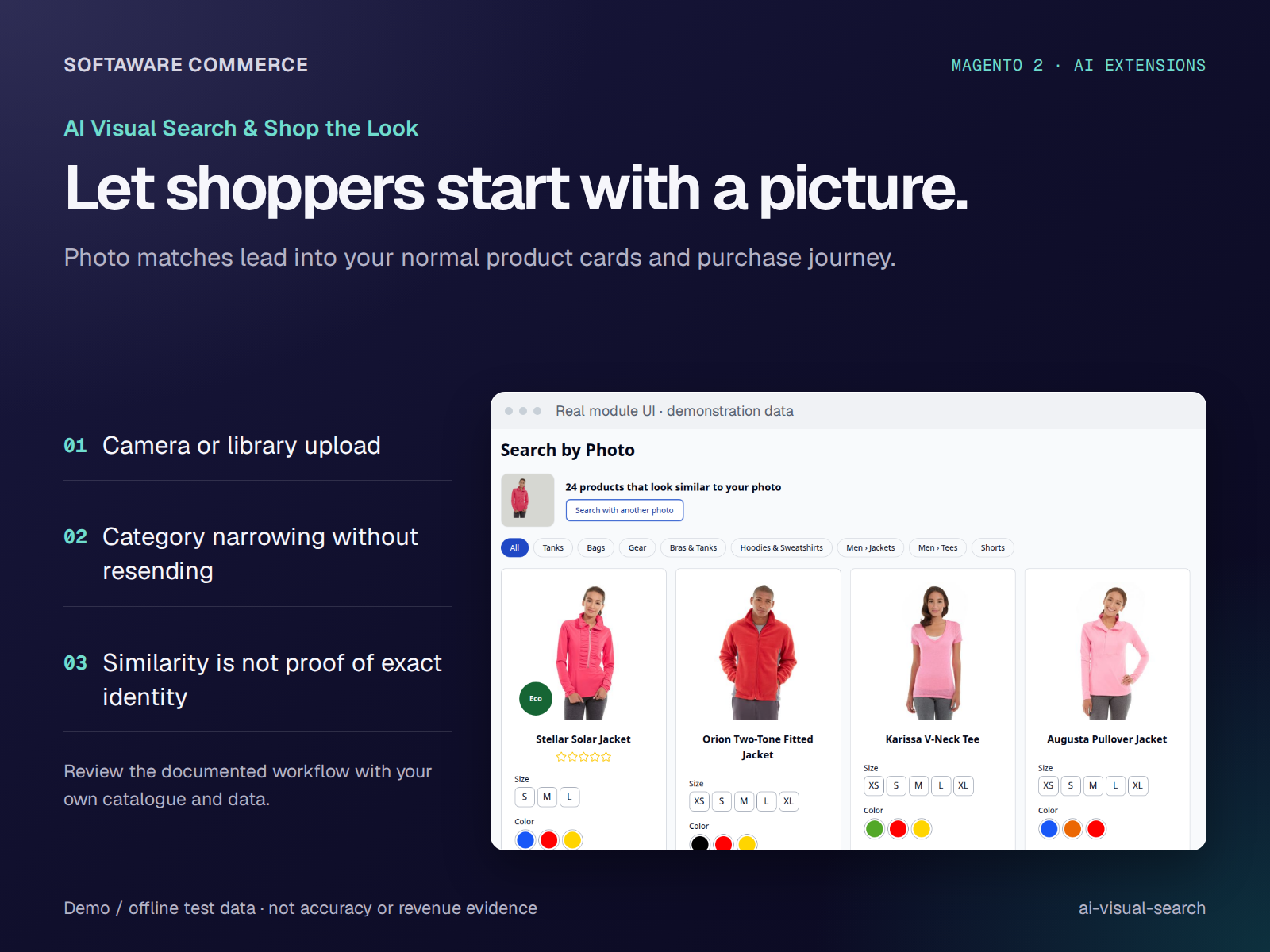 Real photo-search demo results with product cards and category controls