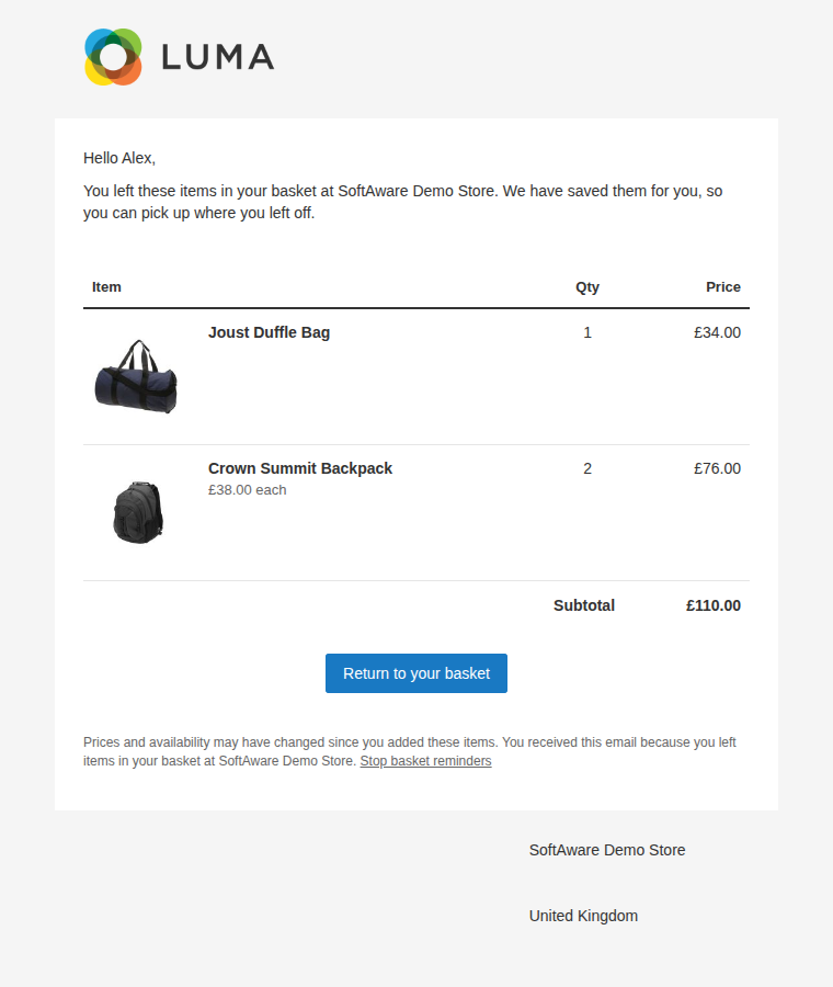 Reminder email with the basket contents