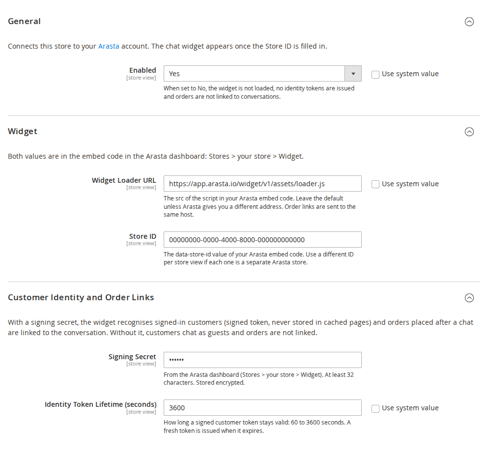 Arasta Live Chat settings