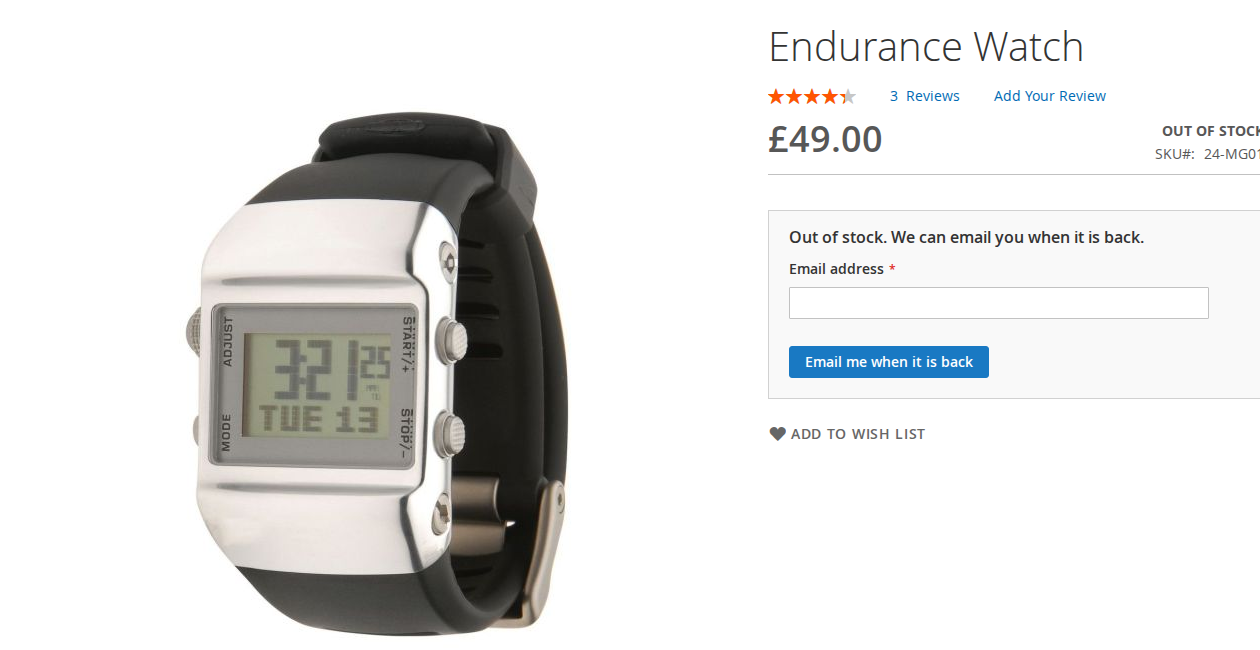 Out-of-stock product page with the alert form