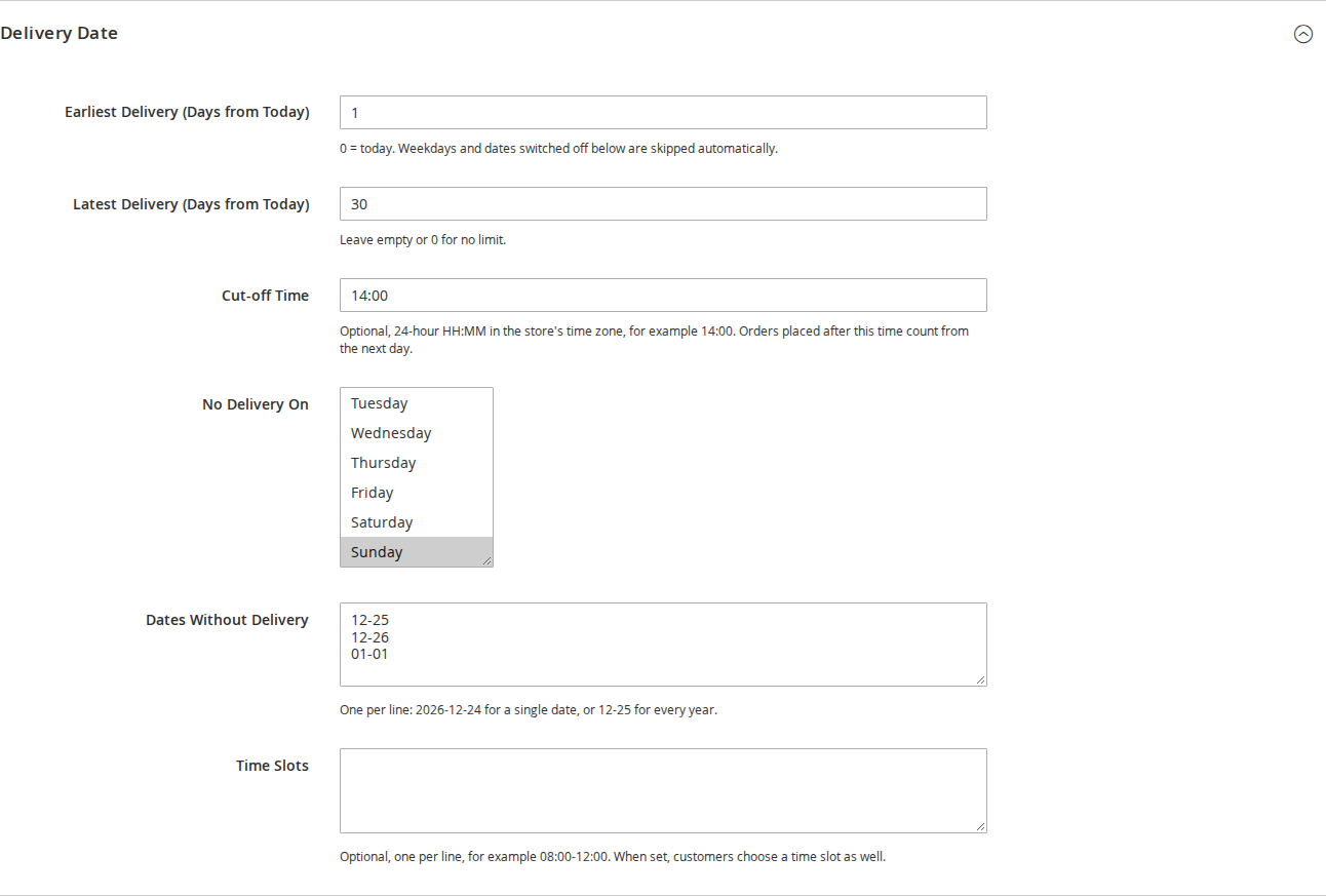 Delivery date settings