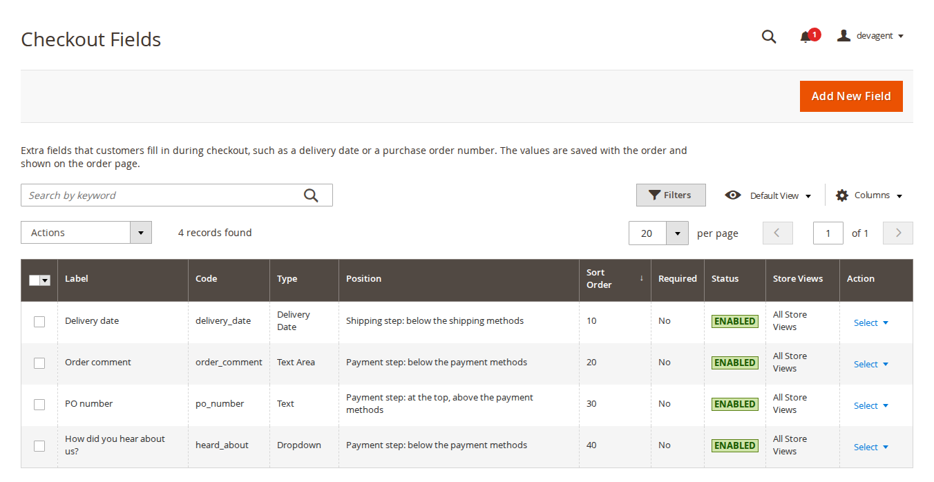 The Manage Fields grid