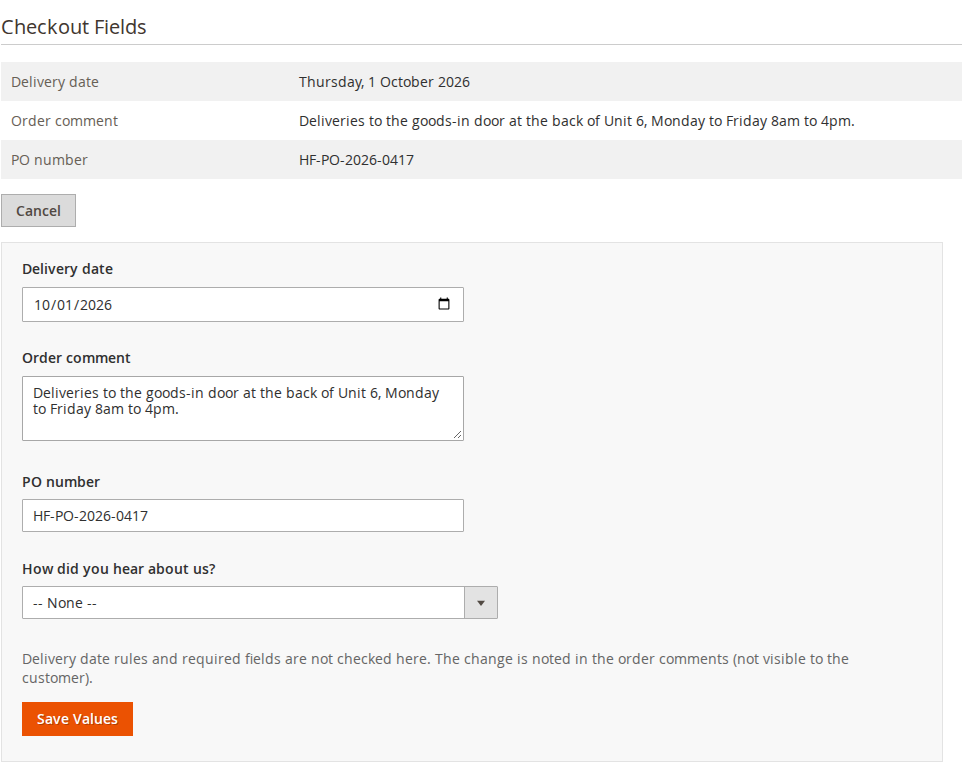 Checkout Fields box with Edit Values open