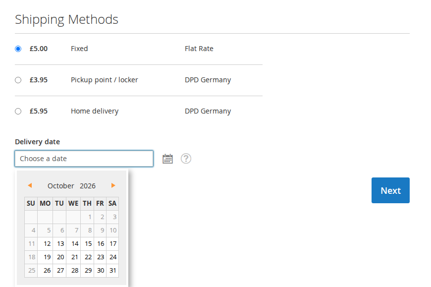 Delivery date with the calendar in the shipping step