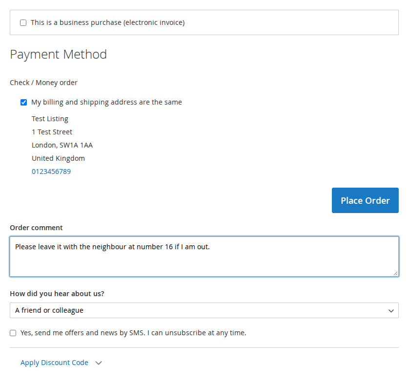 Order comment and dropdown in the payment step
