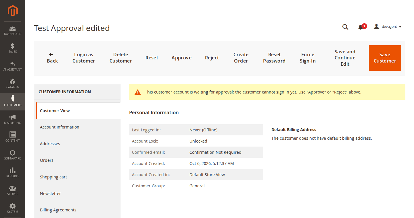 Customer page with Approve and Reject