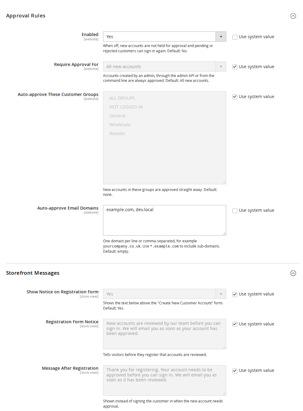 Customer Approval settings