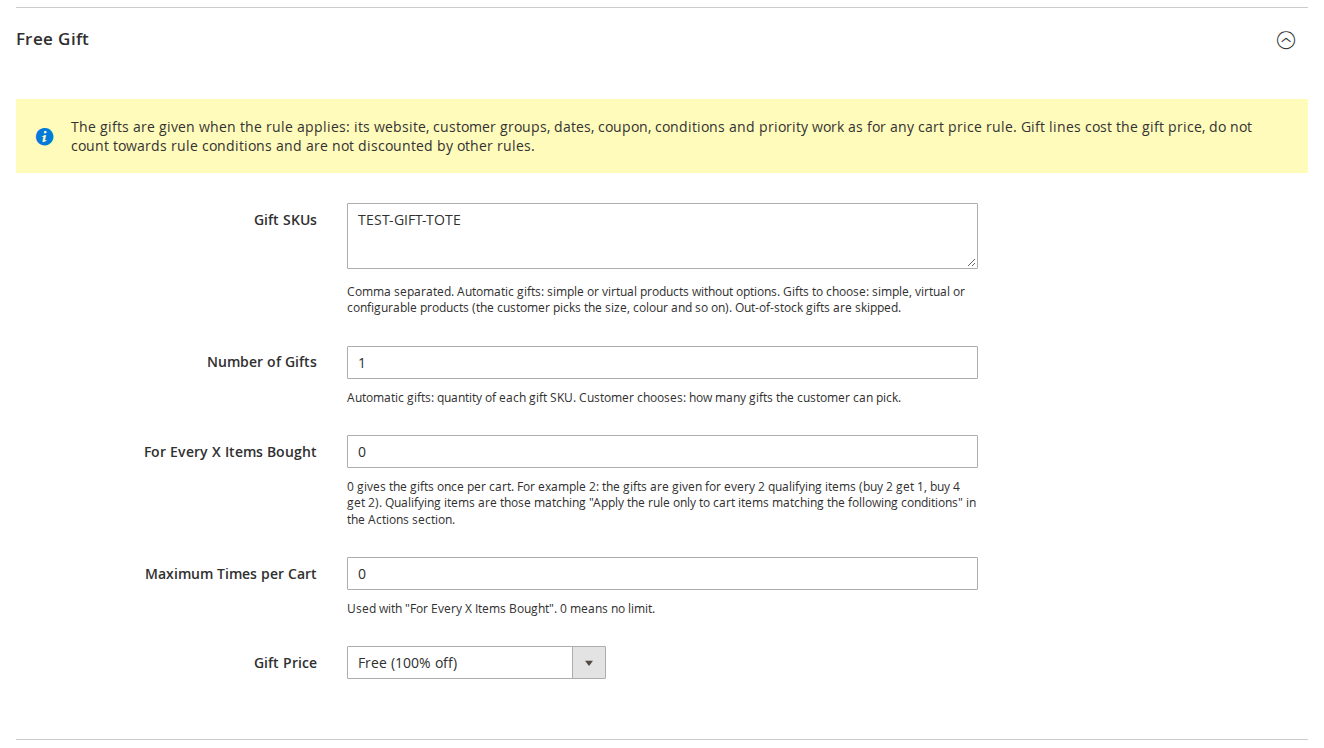 A Free Gift section in the rule form