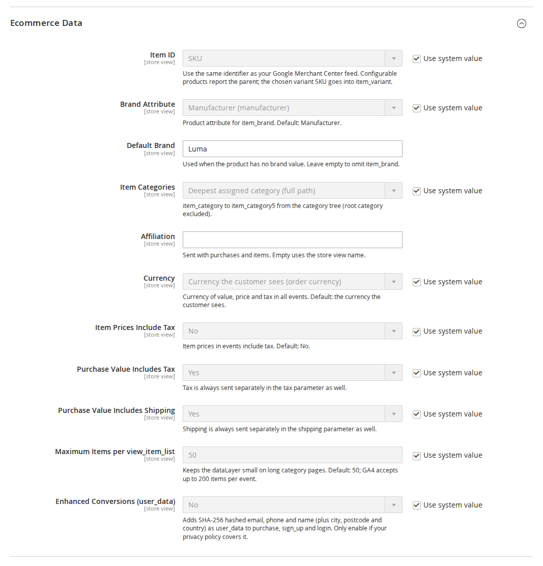 Ecommerce Data settings