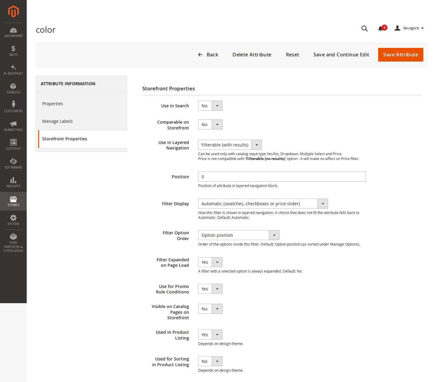 Filter fields on the attribute page