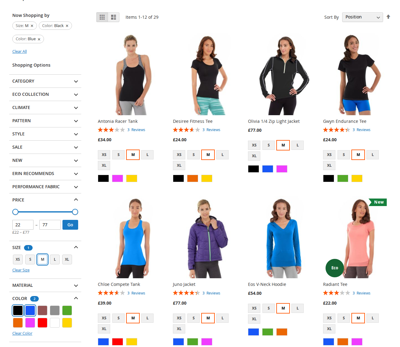 Filters on a Luma category page