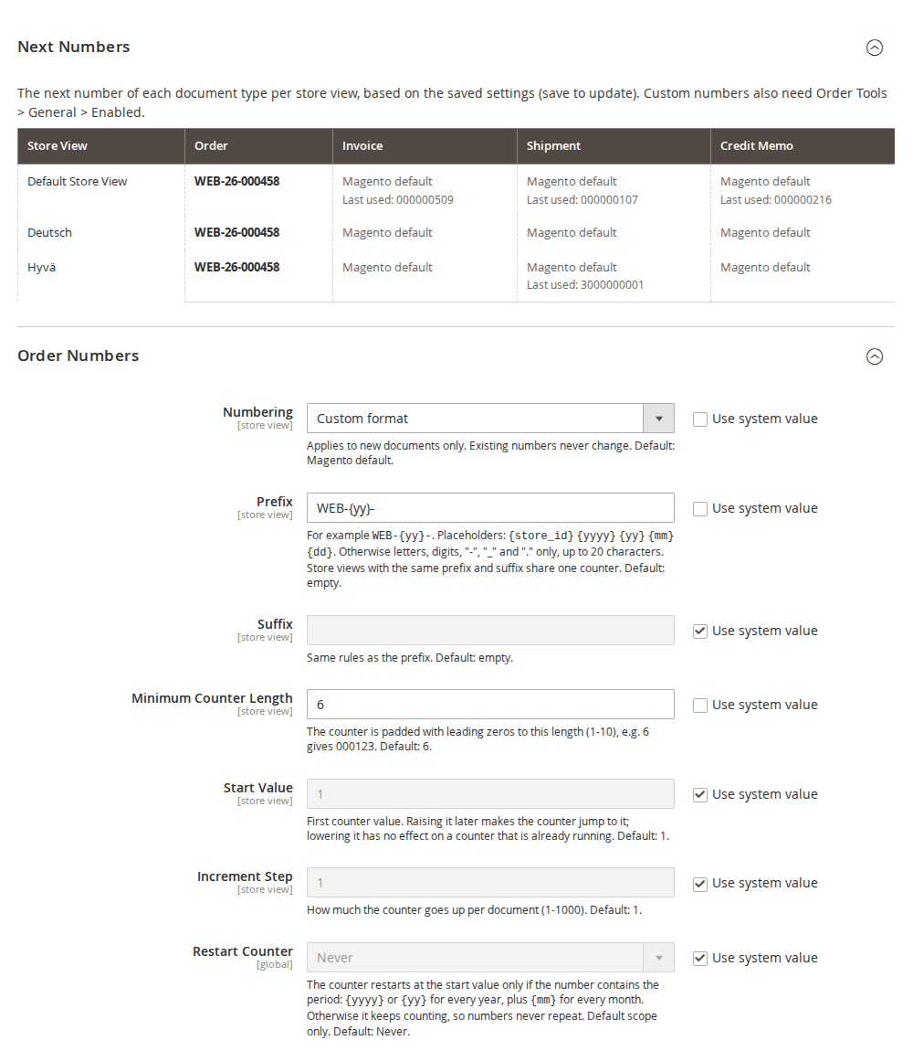 Document number settings with the Next Numbers table