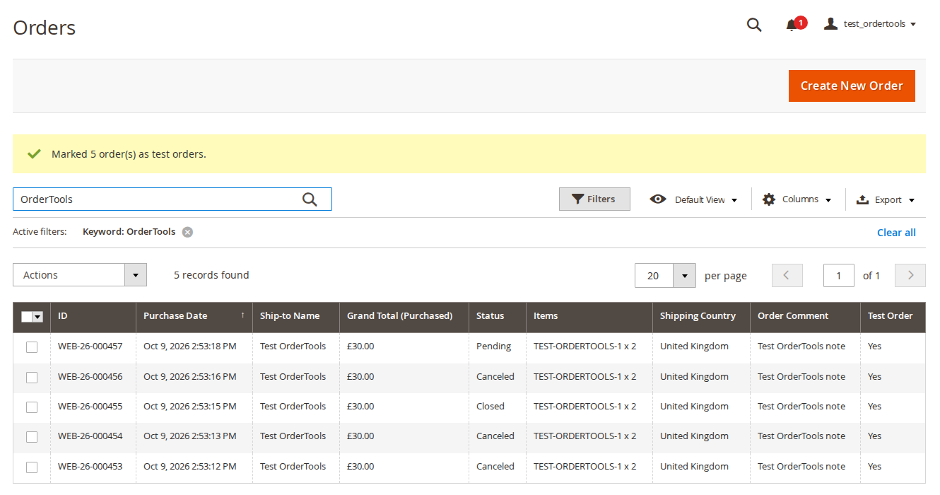 Order grid with Items, Shipping Country, Order Comment and Test Order