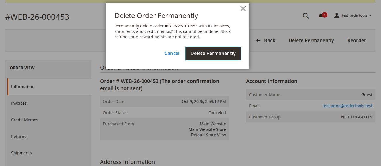 Delete Permanently on the order page