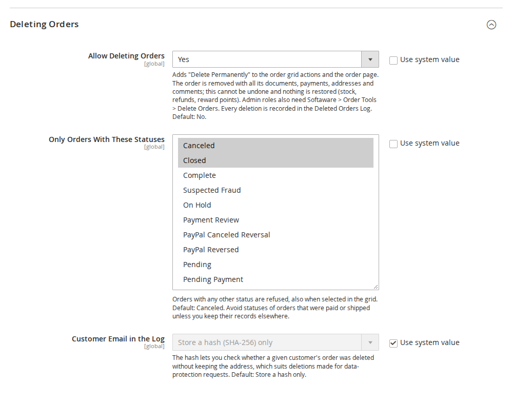 Deleting Orders settings