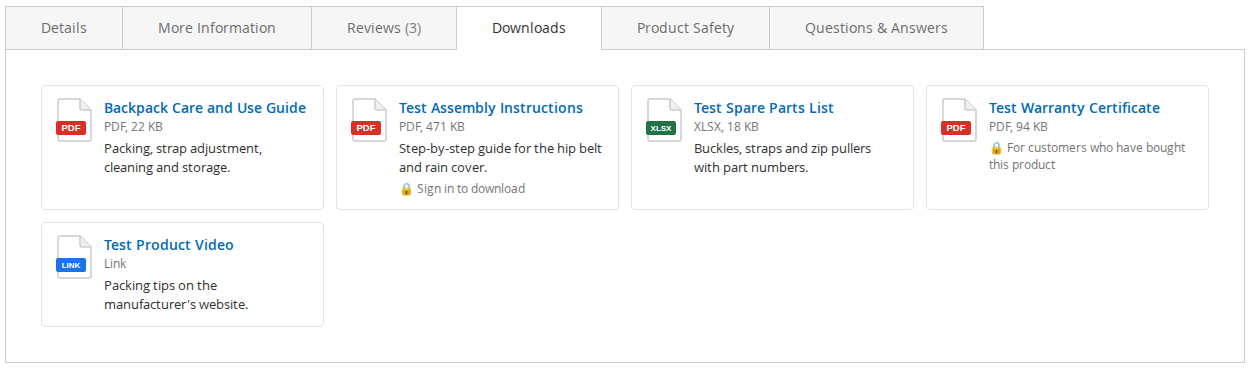 A Downloads tab with icons, sizes and notes