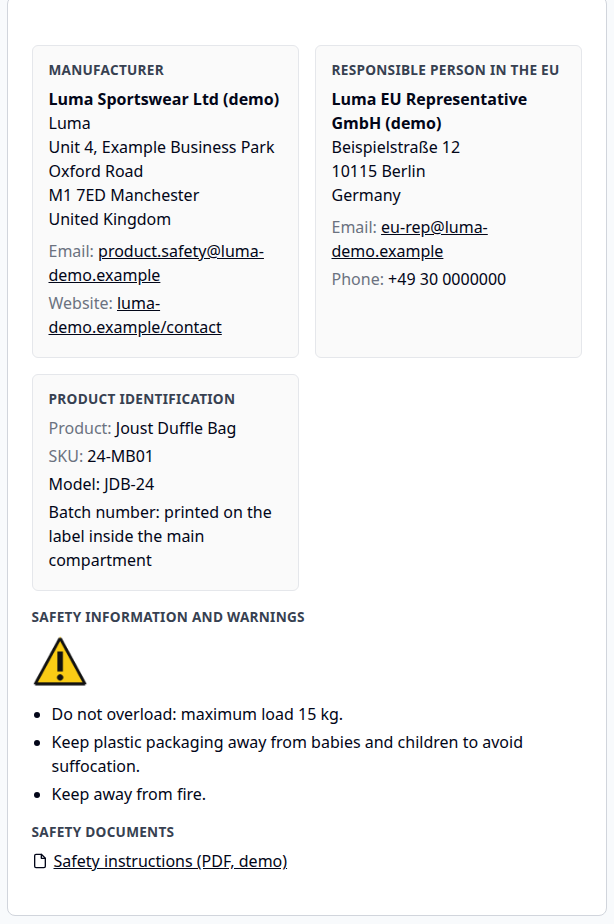 Product Safety section on Hyvä