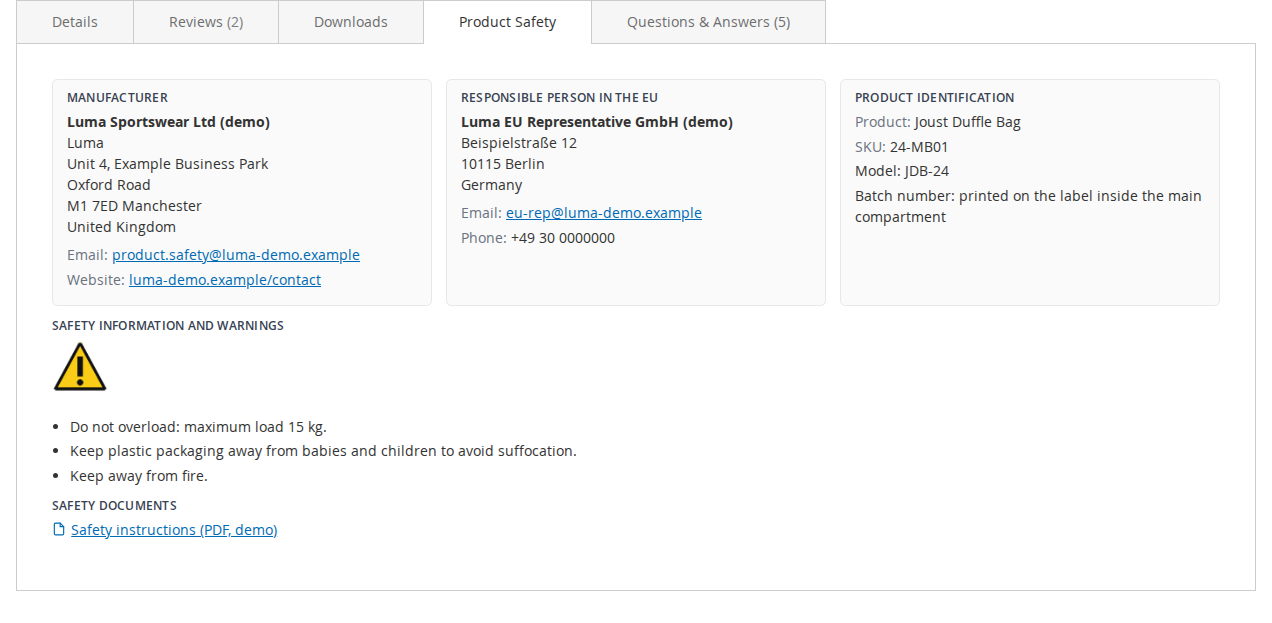 Product Safety tab on the Luma product page