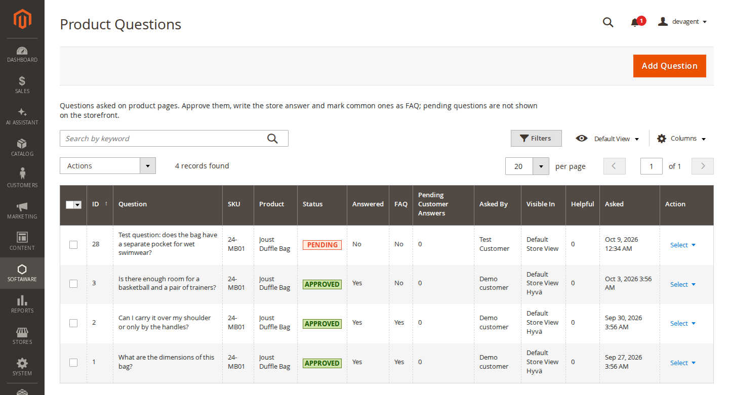 Product Questions grid