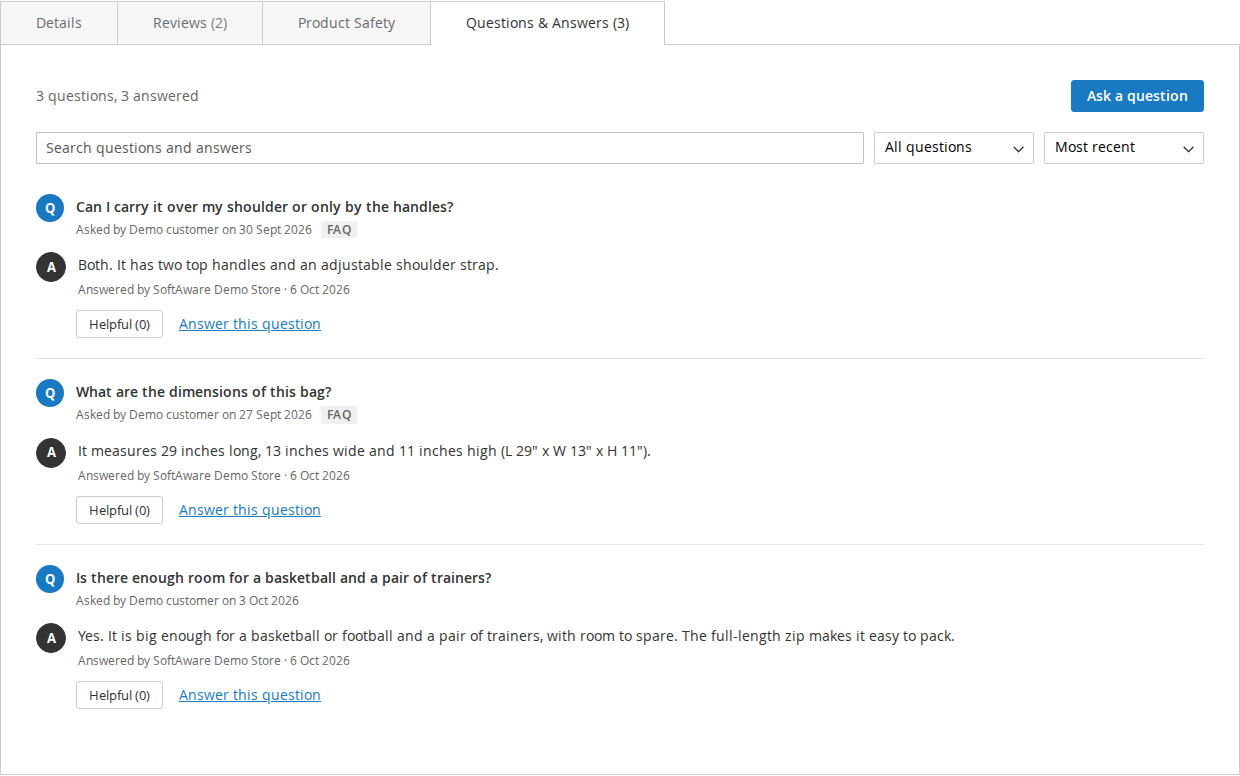 Questions & Answers tab on a Luma product page