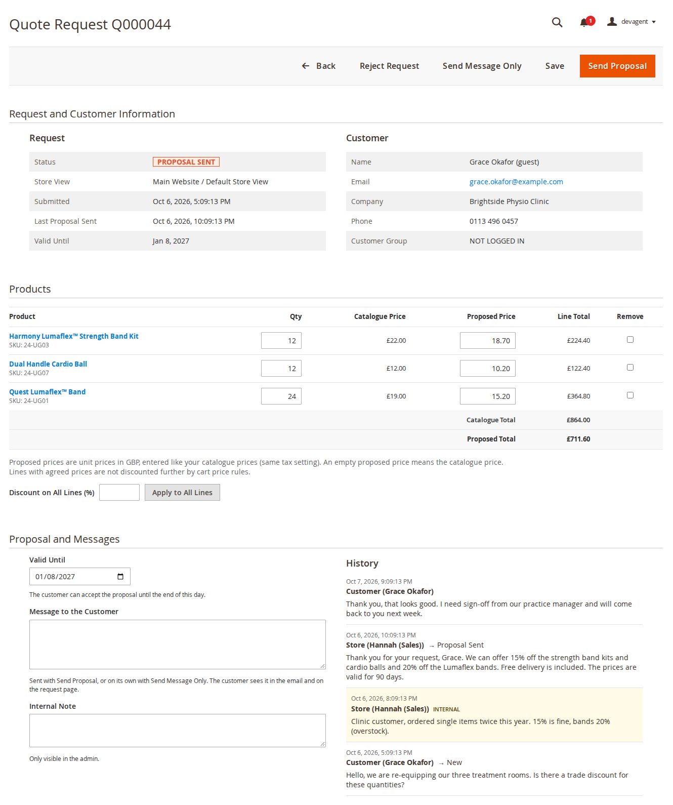 A quote request in the admin with proposed prices and the history