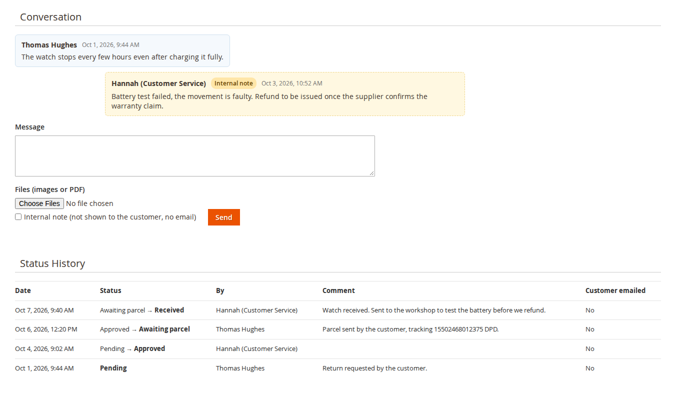 Conversation and status history
