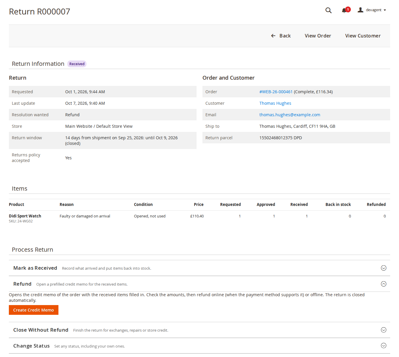 Return page with the process actions