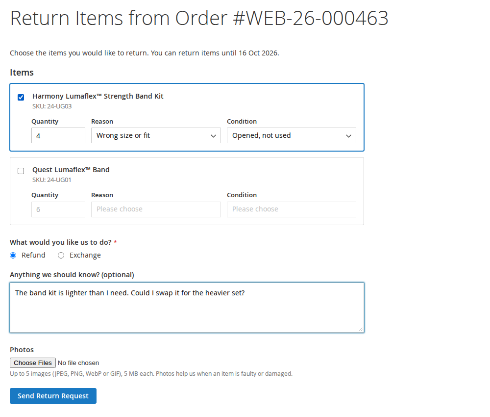 Return form on the Luma storefront