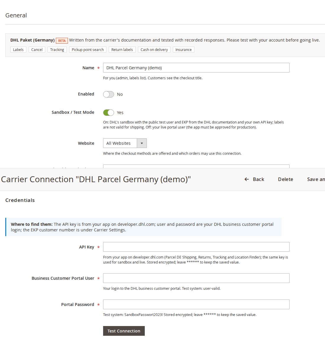 DHL connection: general settings and credentials