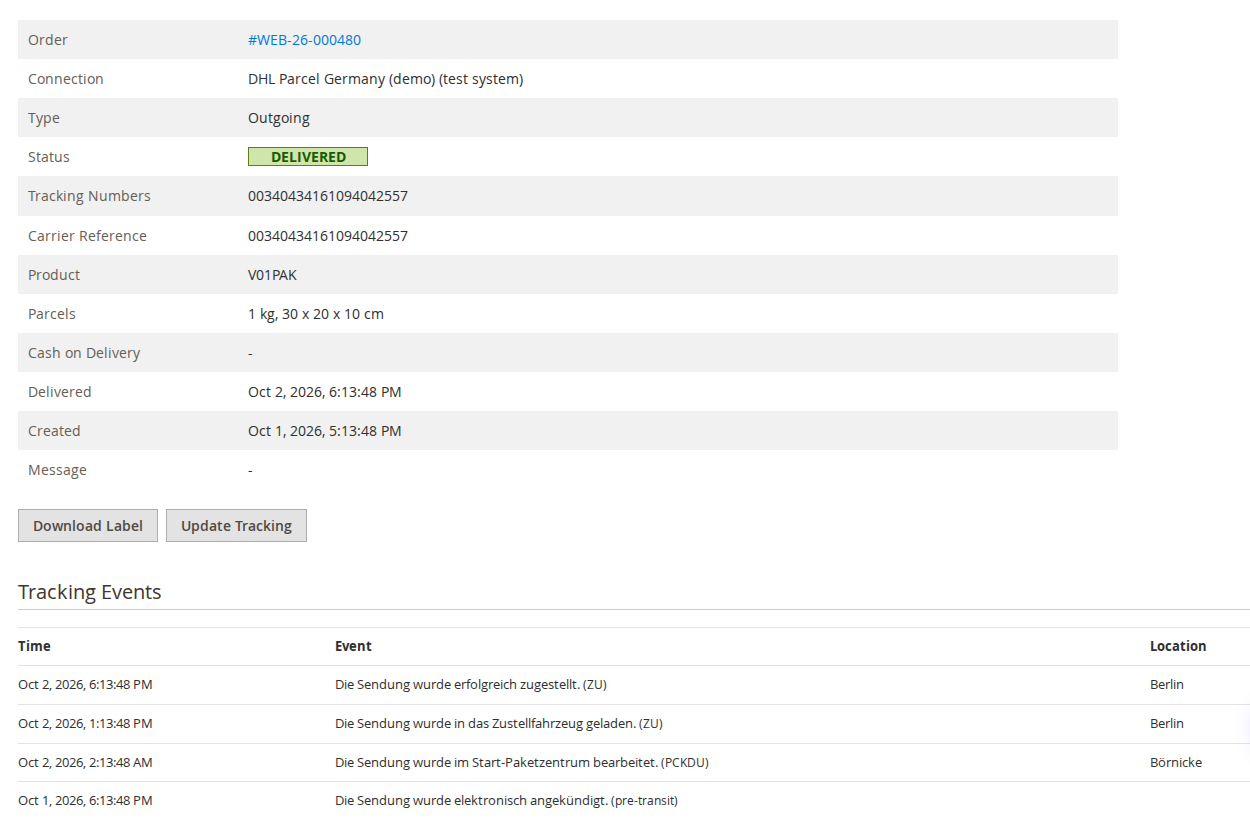 Label page with DHL tracking events